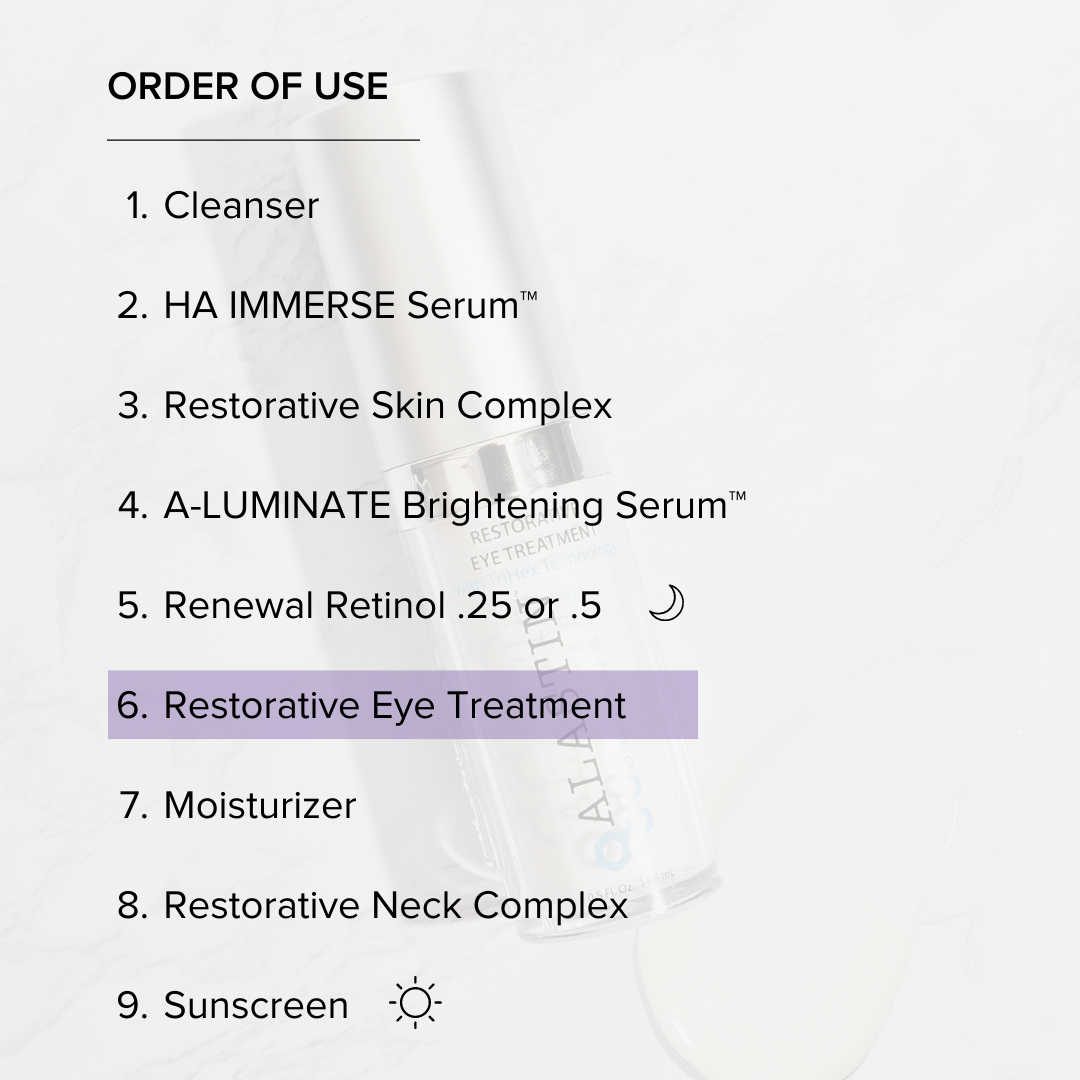 Order of Use: 1. Cleanser 2. HA Immerse Serum 3. Restorative Skin Complex 4. A-Luminate Brightening Serum 5. Renewal Retinol 6. Restorative Eye Treatment 7. Moisturizer 8. Restorative Neck Complex 9. Sunscreen