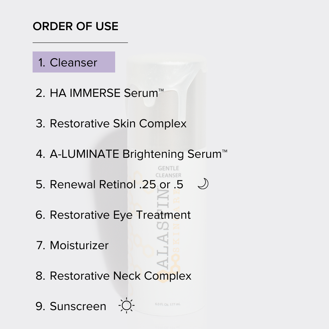Order of Use: 1. Cleanser 2. HA Immerse Serum 3. Restorative Skin Complex 4. A-LUMINATE Brightening Serum 5. Renewal Retinol 6. Restorative Eye Treatment 7. Moisturizer 8. Restorative Neck Complex 9. Sunscreen