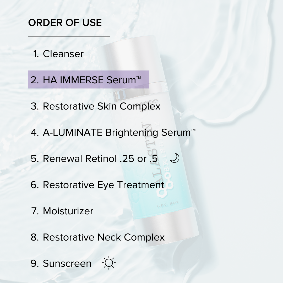 Order of Use: 1. Cleanser 2. HA Immerse Serum 3. Restorative Skin Complex 4. A-Luminate Brightening Serum 5. Renewal Retinol 6. Restorative Eye Treatment 7. Moisturizer 8. Restorative Neck Complex 9. Sunscreen