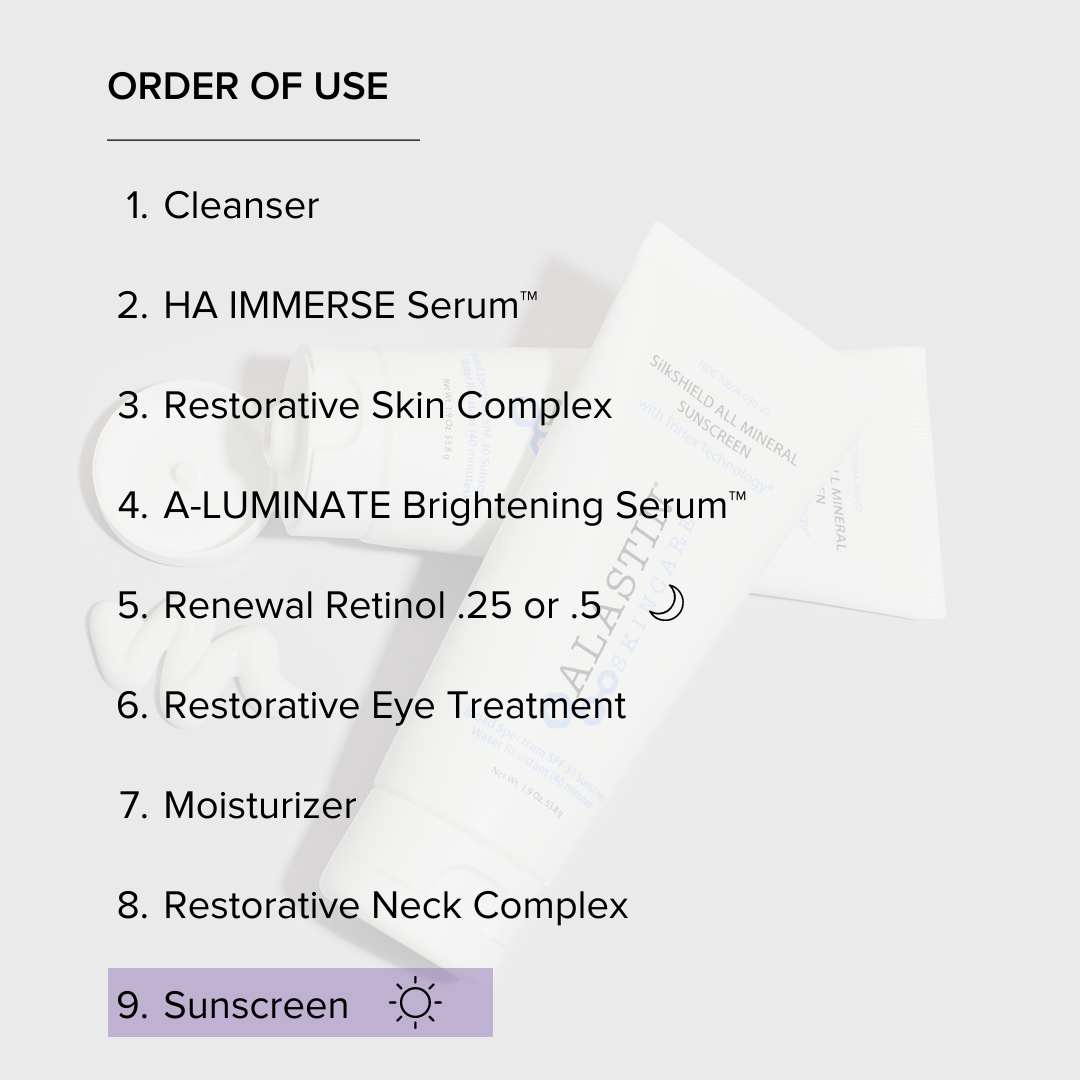 Order of Use: 1. Cleanser 2. HA Immerse Serum 3. Restorative Skin Complex 4. Aluminate Brightening Serum 5. Renewal Retinol 6. Restorative Eye Treatment 7. Moisturizer 8. Restorative Neck Complex 9. Sunscreen
