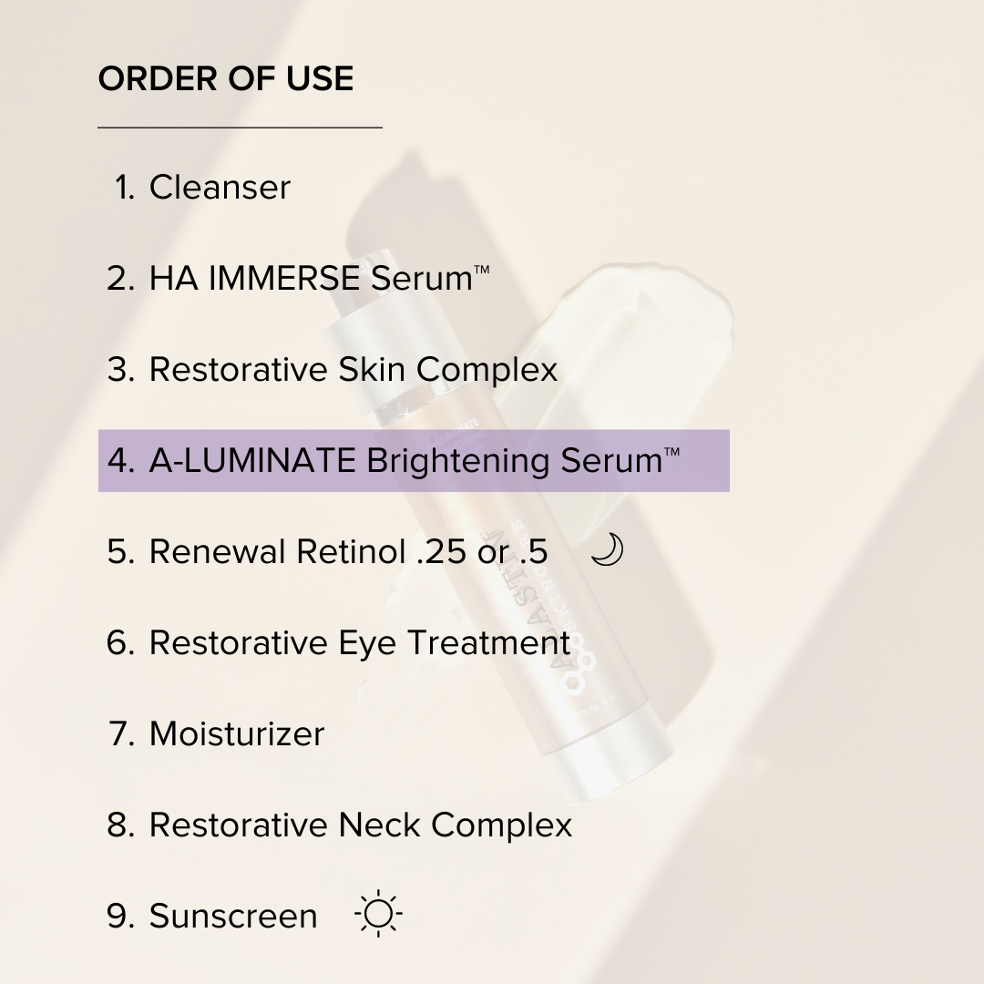 Order of Use: 1. Cleanser 2. HA Immerse Serum 3. Restorative Skin Complex 4. A-LUMINATE Brightening Serum 5. Renewal Retinol .25 or .5 6. Restorative Eye Treatment 7. Moisturizer 8. Restorative Neck Complex 9. Sunscreen