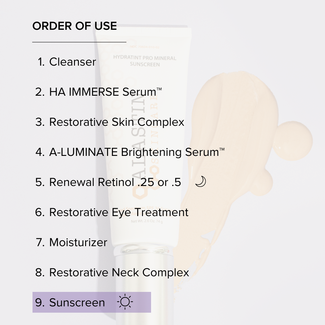 Order of Use: 1. Cleanser 2. HA Immerse Serum 3. Restorative Skin Complex 4. A-Luminate Brightening Serum 5. Renewal Retinol 6. Restorative Eye Treatment 7. Moisturizer 8. Restorative Neck Complex 9. Sunscreen