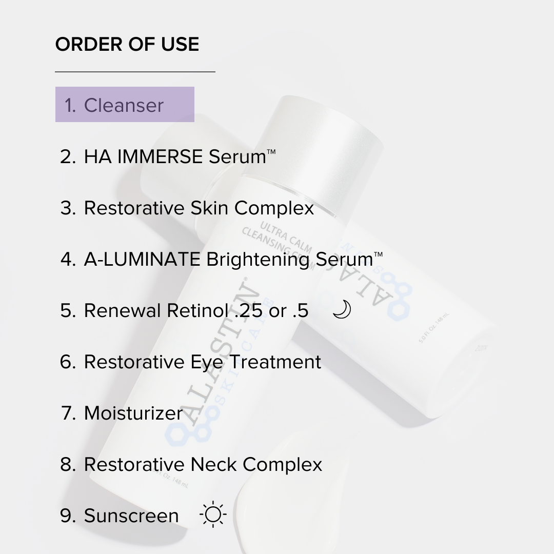 Order of Use: 1. Cleanser 2. HA Immerse Serum 3. Restorative Skin Complex 4. Aluminate Brightening Serum 5. Renewal Retinol 6. Restorative Eye Treatment 7. Moisturizer 8. Restorative Neck Complex 9. Sunscreen